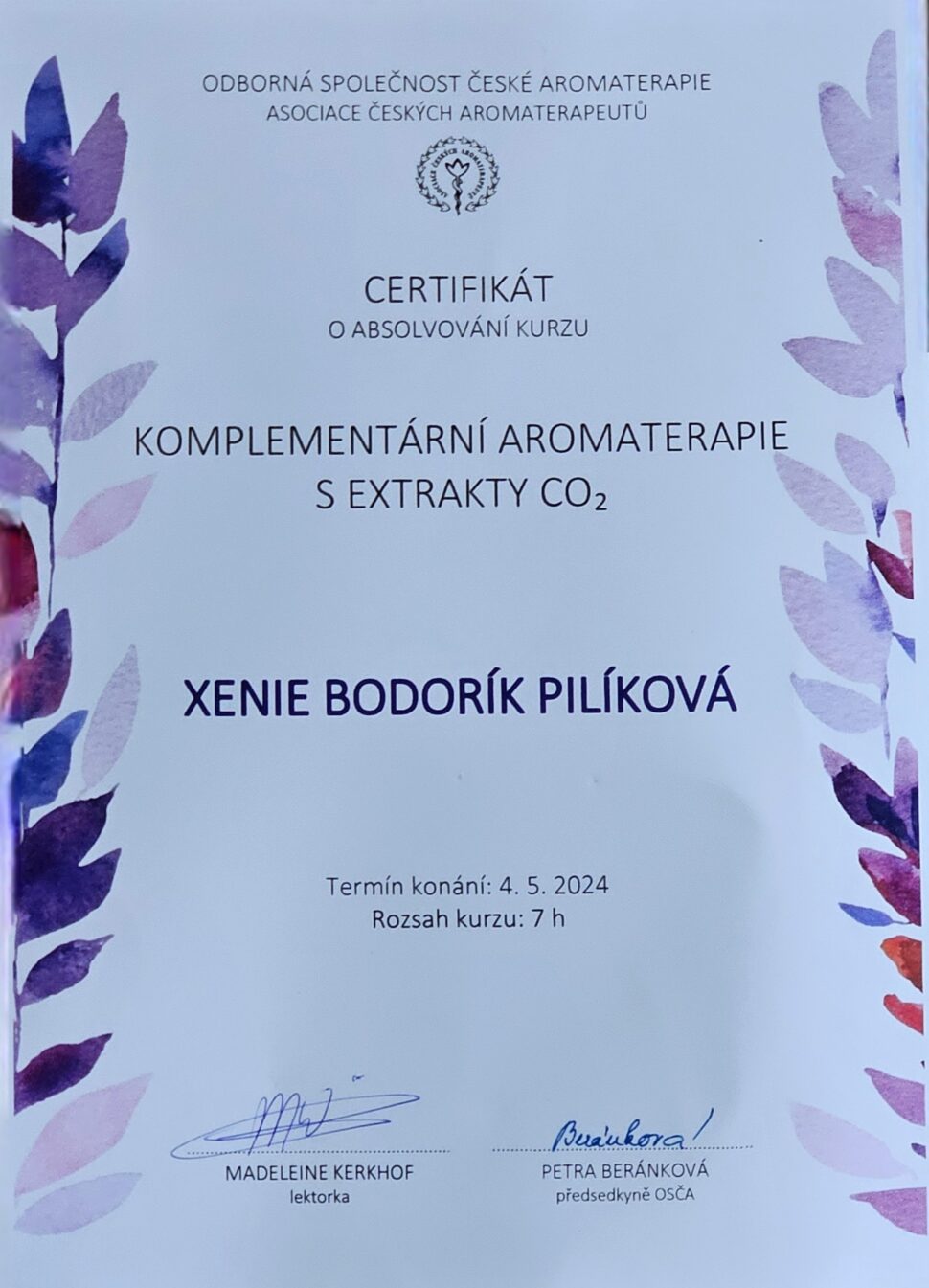 Certifikát CO2 aromaterapie