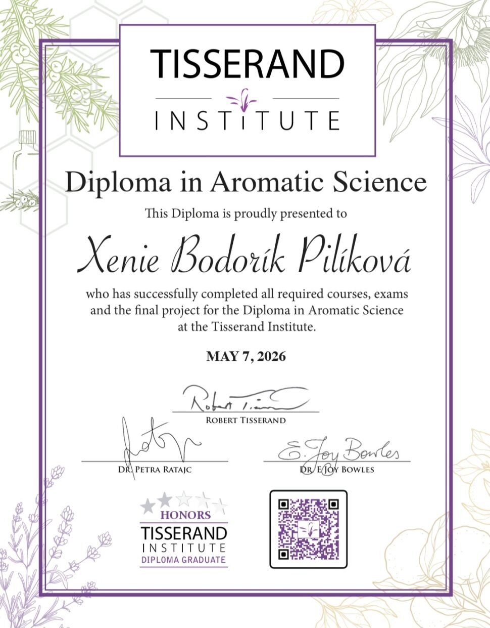 Diplom mezinárodně diplomovaná klinická aromaterapeutka Tisserand